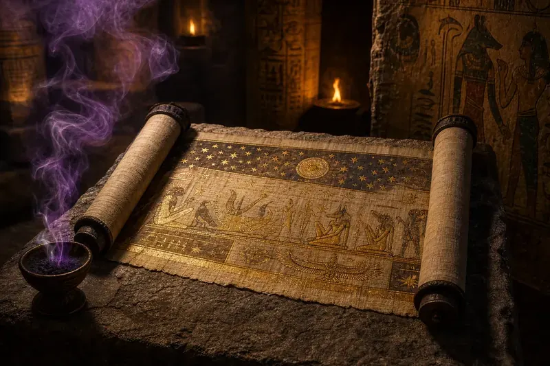 Ancient grimoire illustration for social casino