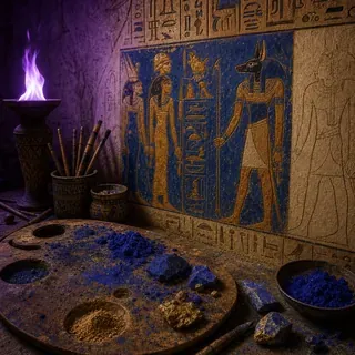 Lapis and gold pigments beside hieroglyph mural representing creative direction